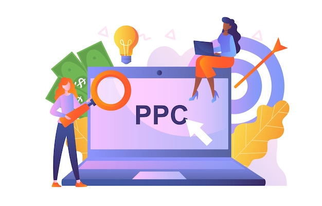 A laptop screen displaying the text "PPC" with an arrow pointing towards it.
