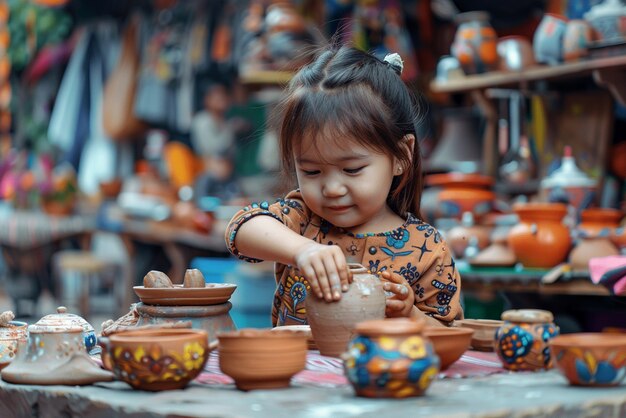 Talented child shaping clay on a pottery wheel, focused on creating pottery art.