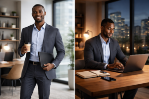 Professional man in a modern office holding coffee and tablet, then working on a laptop at a desk in evening light.