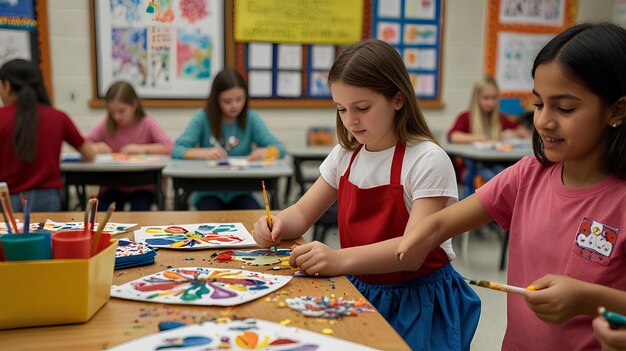 Young students sitting at a classroom table painting colorful art projects with brushes and craft supplies.