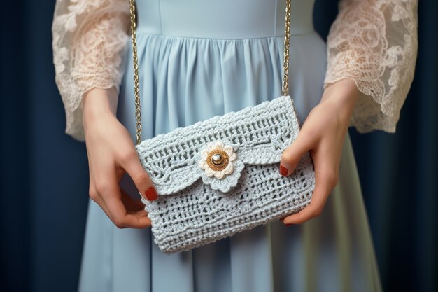 Handmade light blue crochet purse with flower detail and gold chain strap held by a woman in a pastel dress.