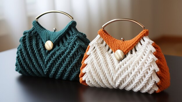 Two handmade crochet handbags with metal handles, one teal and one orange and white, displayed on a table.