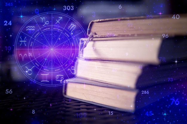 Astrology zodiac wheel overlay with stacked books and glowing numbers on a mystical blue background