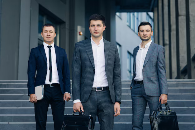 Three businessmen in suits standing outside an office building with briefcases and a laptop.
