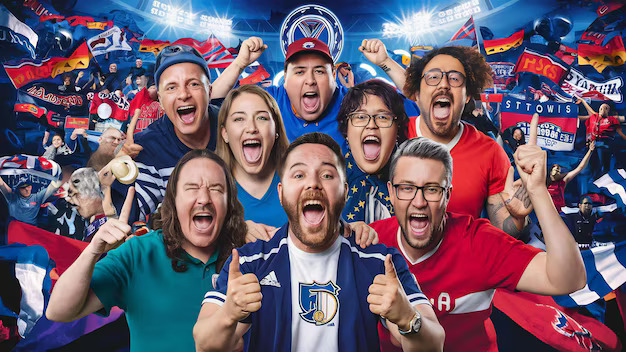 Excited soccer fans in blue and red jerseys cheering together in a packed stadium crowd.